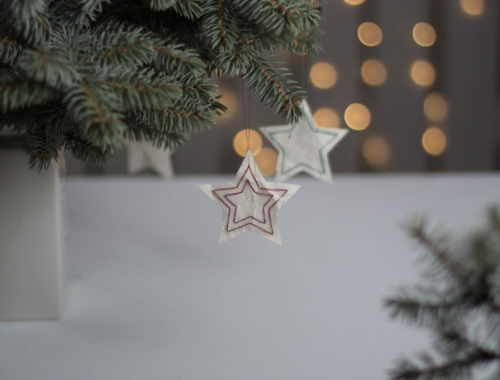 DIY Tetra Pak Sterne hängen an einem Tannenzweig als Weihnachtsdeko